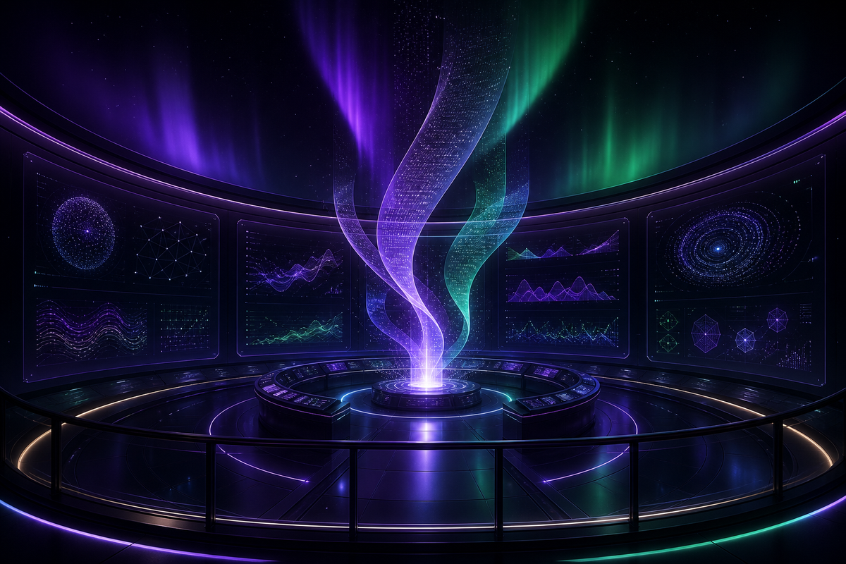 Futuristic AutoProphets research gallery with live market charts and AI analysis streams