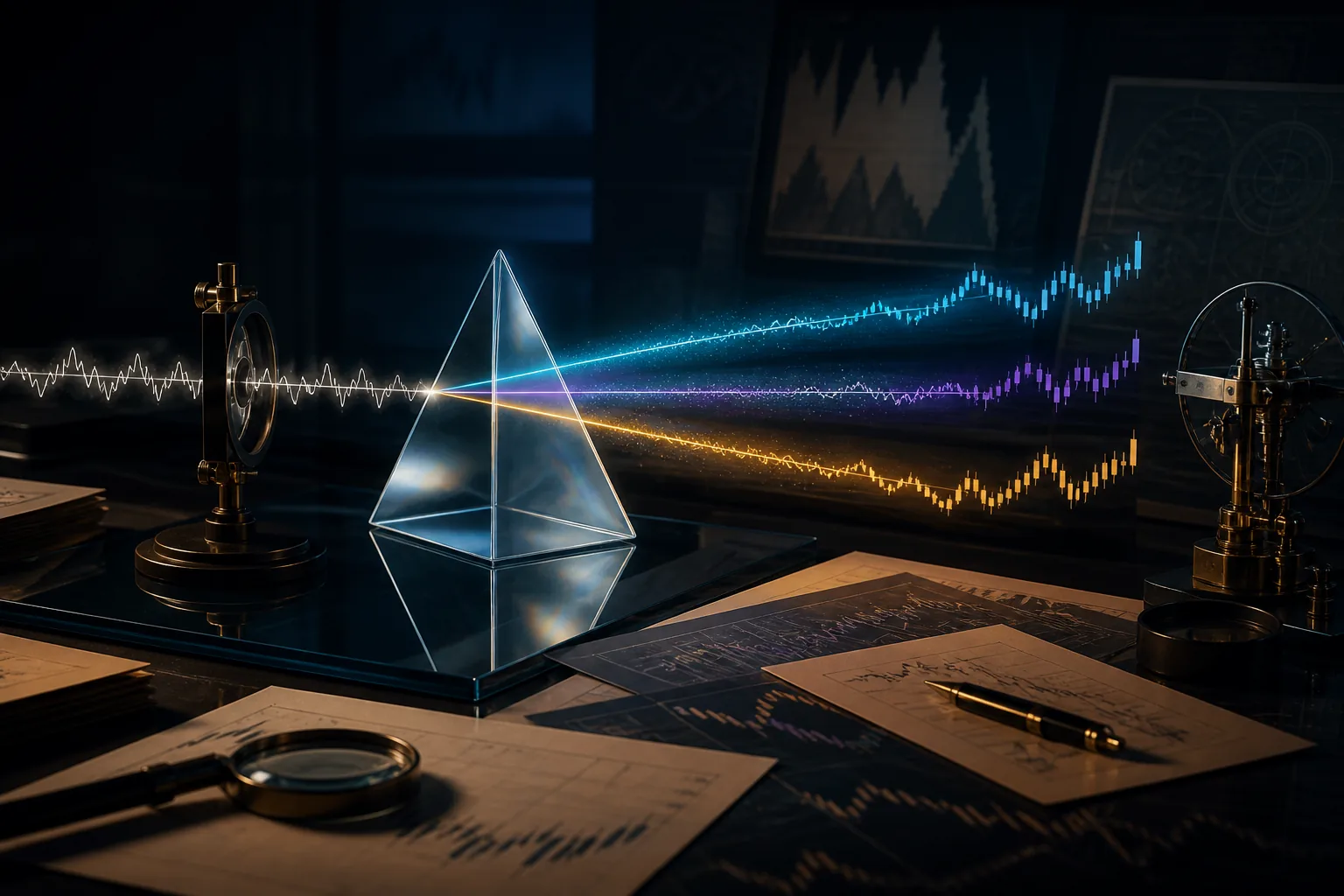 A glass prism separating market noise into evidence paths